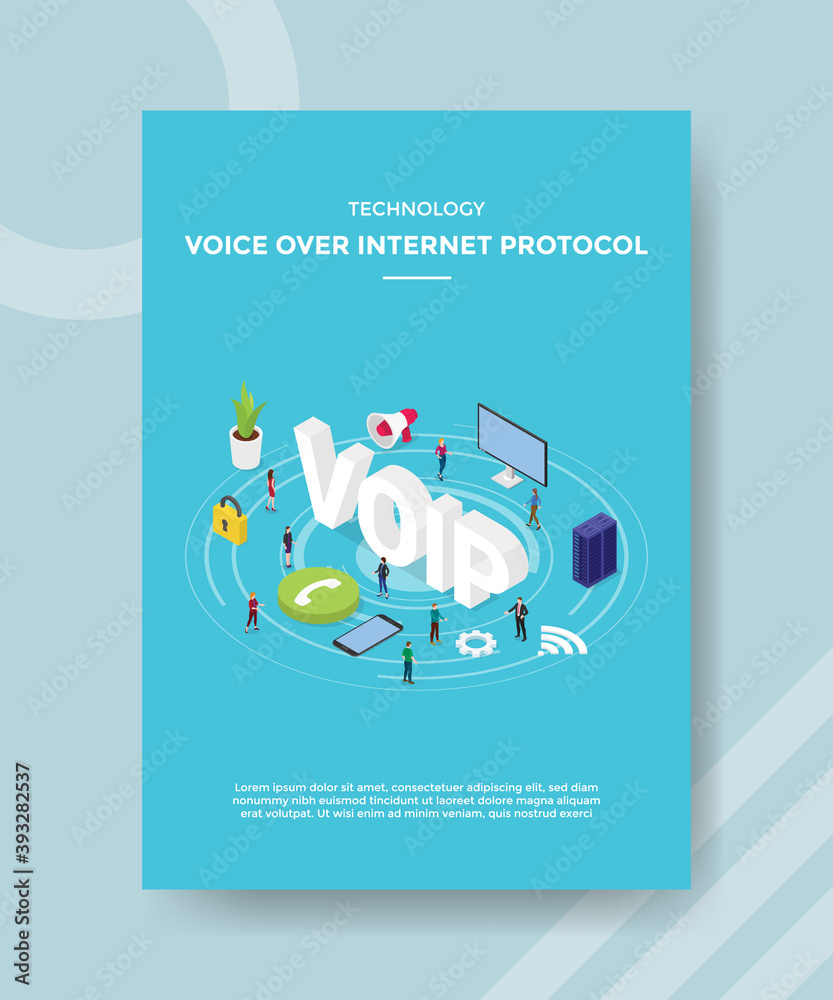 technology voice over internet protocol people standing around VOIP for template of banner and flyer for printing magazine cover and poster