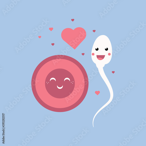 Cute cartoon egg cell and sperm in flat style on blue background. The concept of fertilization and love between woman and man. Modern vector illustration