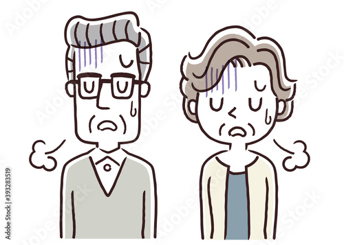 ベクターイラスト素材：落ち込んでため息をつくシニア夫婦

