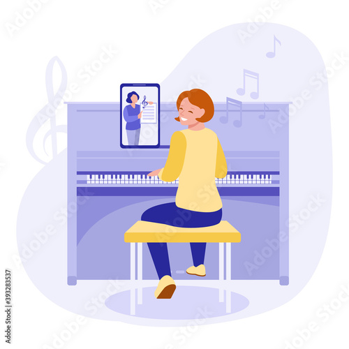 The concept of learning to play the piano online. Lessons on the tablet. Vector illustration.