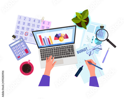 Personal budget planning, tax report or risk analysis vector illustration with hands, laptop, graphs, magnifier. Audit or business analysis finance concept isolated on white. Budget planning flat lay