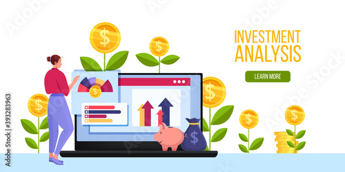 Investment analysis or income growth vector finance illustration with woman, laptop, graphs, coins. Personal capital or budget planning web banner with piggy bank. Investment analysis cartoon concept