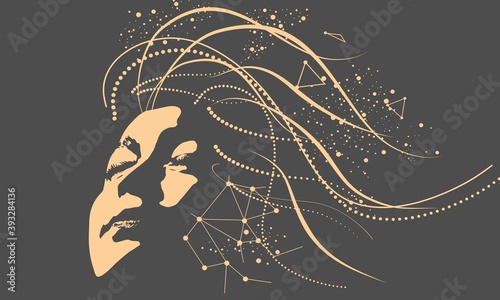 Face front view. Elegant silhouette of a female head. Portrait of a woman with decorative elements. Connected lines with dots.