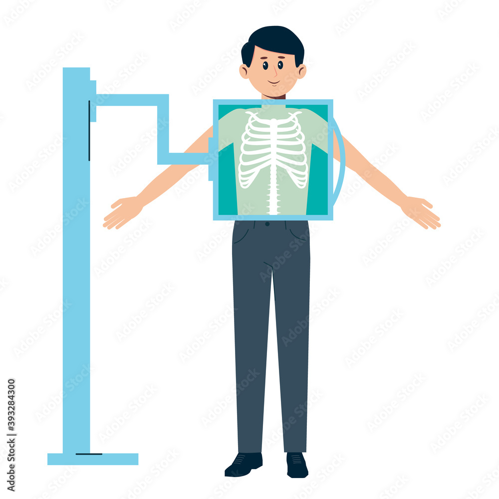 Man getting x-ray checkup. Chest medical treatment. Radiography exam vector cartoon illustration isolated on white background. Man getting x-ray checkup. Chest medical treatment. Radiography exam vector cartoon illustration isolated on white background.