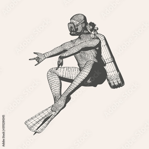 Silhouette of diver. The concept of sport diving. Vintage engraved illustration