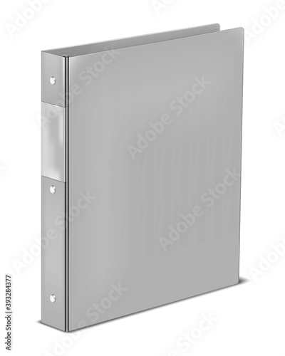 Ring binder with label holding pocket on spine, vector mockup. Closed gray folder isolated on white background, mock-up