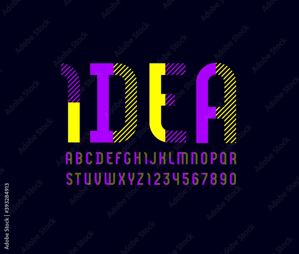 Fototapeta premium Bright striped font, colored alphabet sans serif, modern uppercase letters from A to Z and numbers from 0 to 9, vector illustration 10EPS