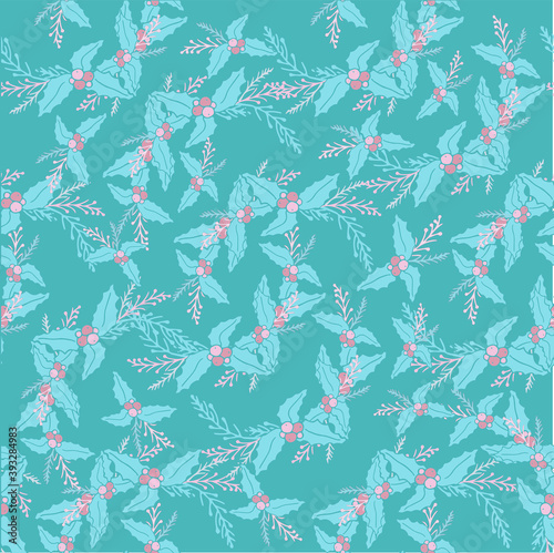Holly, seamless, endless, pattern, pink, blue, pastel, color, pattern, for web, for print, for wrapping paper, for wallpaper, for winter holiday design, floral, fruit, leaves, background