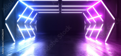 Fototapeta Naklejka Na Ścianę i Meble -  Modern Cyber Concrete Stage Podium Sci Fi Futuristic Neon Purple Blue Fluorescent  Electric Laser Lights Vibrant Tunnel Hangar Empty Showcase Showroom3D Rendering