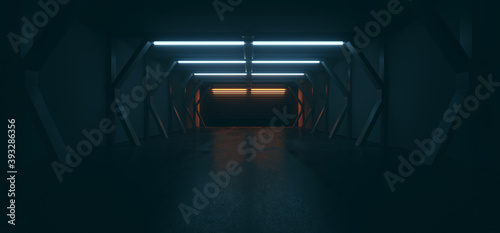 Fototapeta Naklejka Na Ścianę i Meble -  Futuristic Sci Fi Modern Spaceship Tunnel Showroom Corridor Dark Cinematic Blue Orange Lights Empty Realistic Cyber Garage Warehouse 3D Rendering
