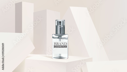 Glass bottle cosmetic products with white box.cosmetic premium. Makeup products brand. 3D illustration.