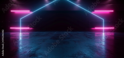 Fototapeta Naklejka Na Ścianę i Meble -  Sci Fi Triangle Blue Purple Electric  Cyber Stage Podium Studio Garage Tunnel Glossy Concrete Cement Floor Empty Space Spaceship Dark Background 3D Rendering