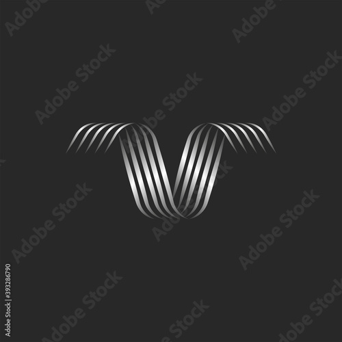 Ribbon shape letter V logo monogram with swirls of thin stripes of metallic gradient, linear abstract bird shape.