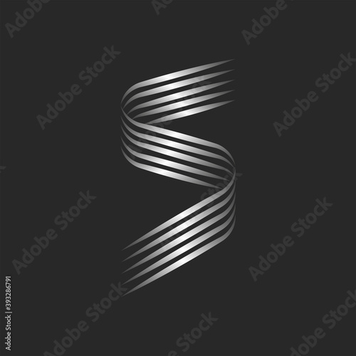 Monogram S letter initial logo calligraphic emblem curly thin lines, metallic gradient smooth shape outline