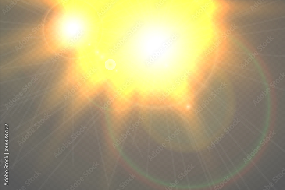 Light highlight yellow special effect with rays of light and magic sparkles. Sun Ray . Glow transparent vector light effect set, explosion, shine, spark, solar flare.