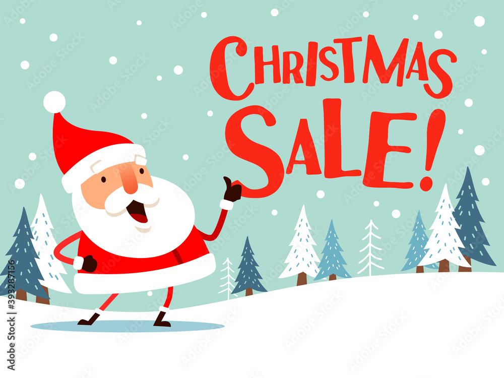 Christmas Sale! Santa Claus showing thumb up on snow scene. Flat vector concept illustration. Christmas Sale! Santa Claus showing thumb up on snow scene. Flat vector concept illustration.