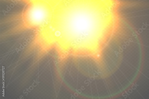 Light highlight yellow special effect with rays of light and magic sparkles. Sun Ray . Glow transparent vector light effect set, explosion, shine, spark, solar flare.