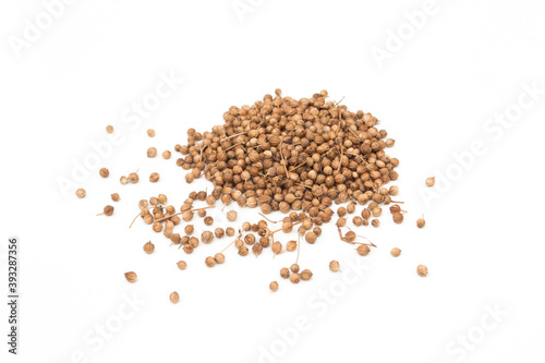 Coriander seeds on a white background.