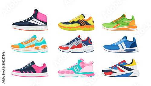 Fitness sneakers shoes set. Comfortable shoes for training, running and walking. Sports shoes of various shapes, training footwear, active sport sneakers cartoon vector