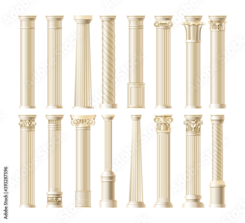 Realistic antique pillars set. Antique column, classic pillar. Ancient ornate pillars historic roman greek architecture facades of historic buildings isolated vector