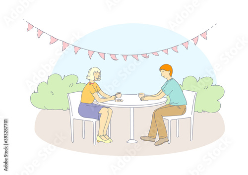 Street food festival event. Man and woman are sitting at the table drinking coffee. Family people resting outdoors in park. City park restaurants flat line vector