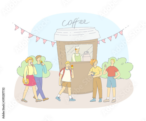 Street food festival event. Group people eating ice cream and buying coffee at kiosk. Man and woman resting outdoors in park. City park restaurants flat line vector
