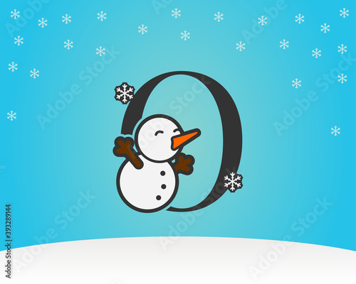 fun and cute letter O snow man decoration with snow flakes winter background
