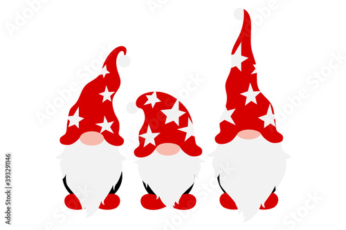 Christmas Gnomes in holiday hats, Scandinavian gnome with decoration in hands, male nordic gnomes, vector Christmas decoration, traditional tomte, elf or dwarf for greetings
