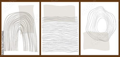 A set of three colorful aesthetic geometric backgrounds. Minimalist social media posters, cover designs, web, home decor. Vintage illustrations with different shapes, lines, stripes.