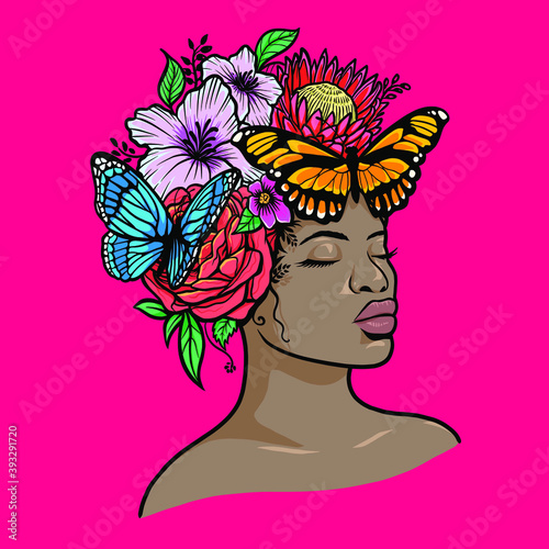 beauty women african american flowers butterfly illustration