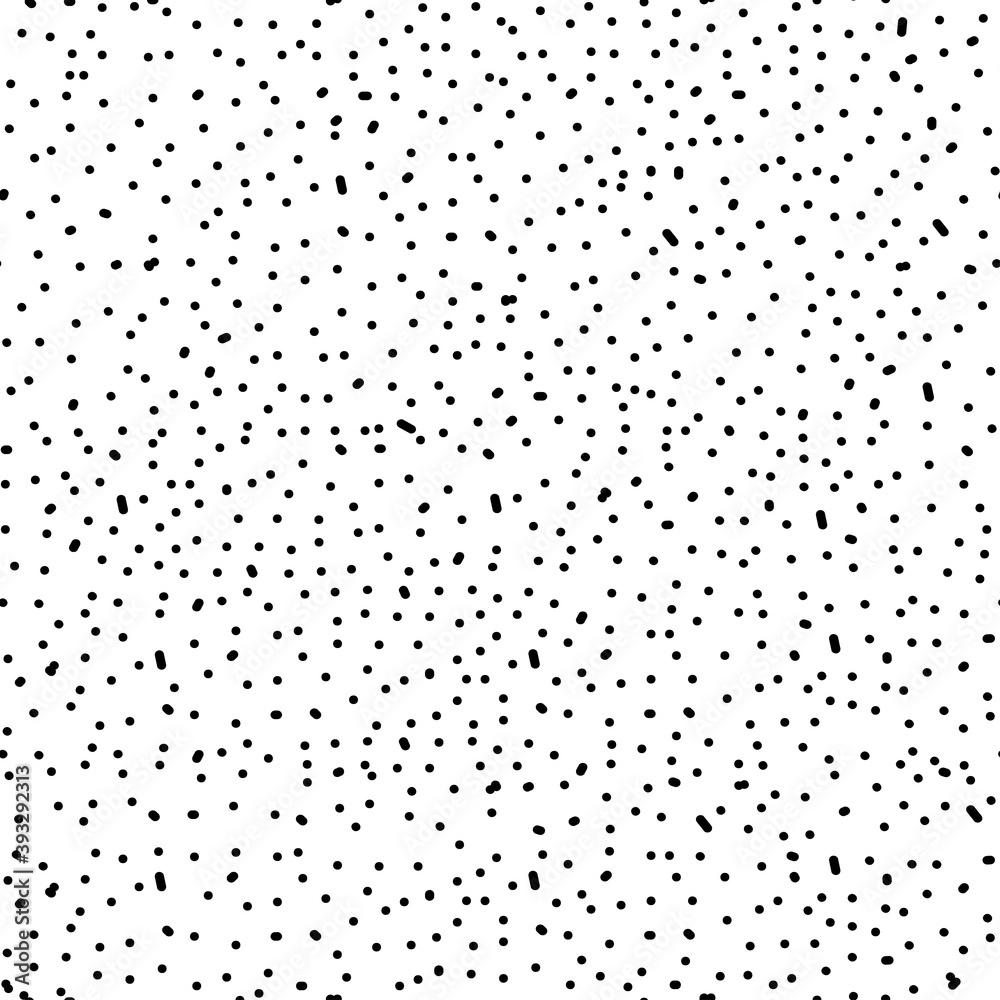 Chaotic Polka Dots Seamless Pattern. Vector painted background from small rounds. Abstract white and black pattern for fabric print, paper card, table cloth, fashion.