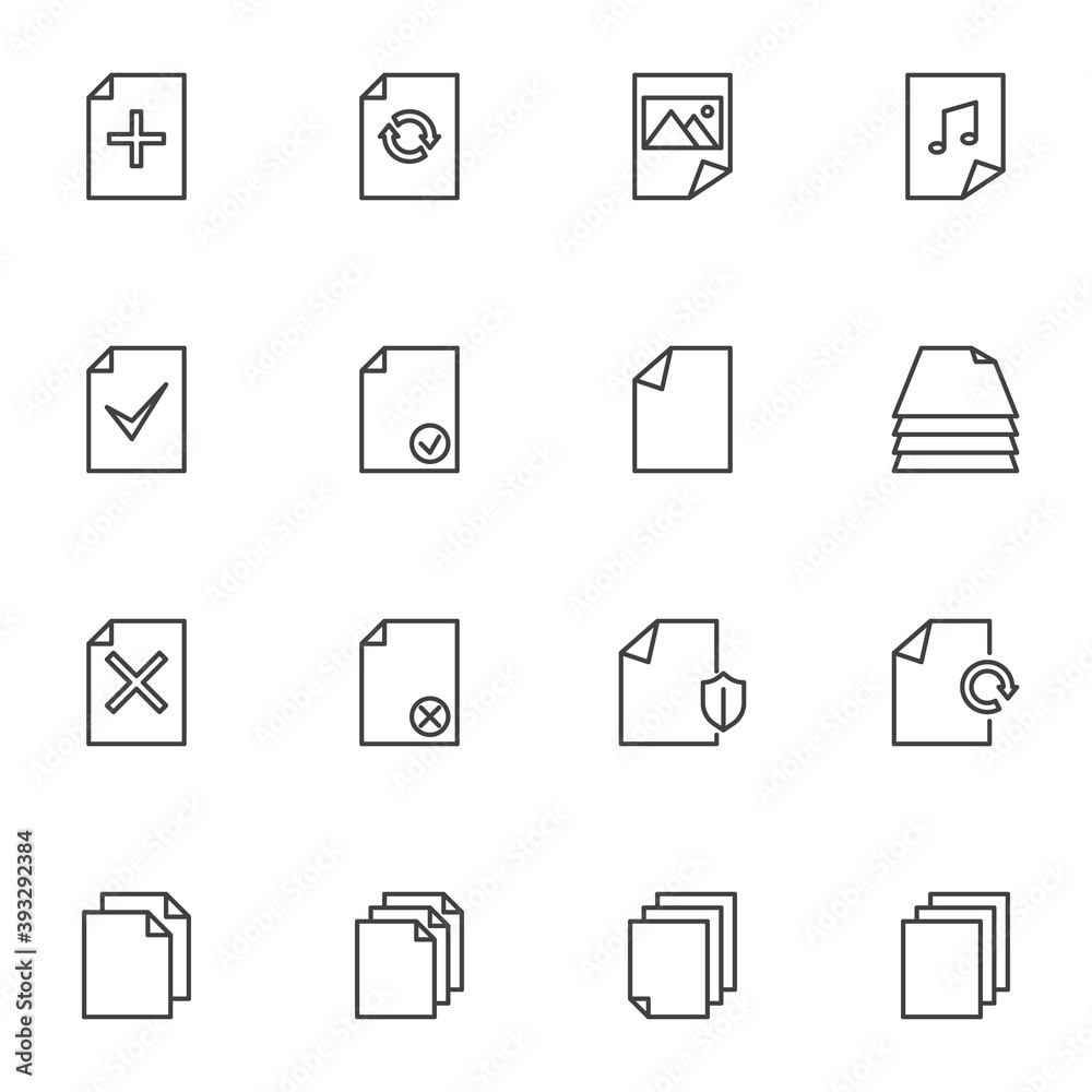 Document files line icons set, outline vector symbol collection, linear style pictogram pack. Signs, logo illustration. Set includes icons as add file, media gallery, music folder, protection shield Document files line icons set, outline vector symbol collection, linear style pictogram pack. Signs, logo illustration. Set includes icons as add file, media gallery, music folder, protection shield