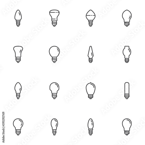 Light bulb line icons set, outline vector symbol collection, linear style pictogram pack. Signs, logo illustration. Set includes icons as fluorescent, incandescent, led lamp, reflector, tubular