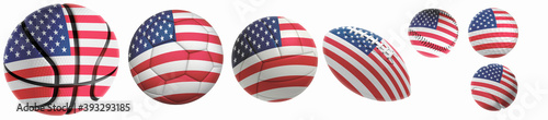 US flag superimposed on balls: Golf, basketball, volleyball, soccer, tennis, rugby, baseball isolated on a white background. 3d rendering
