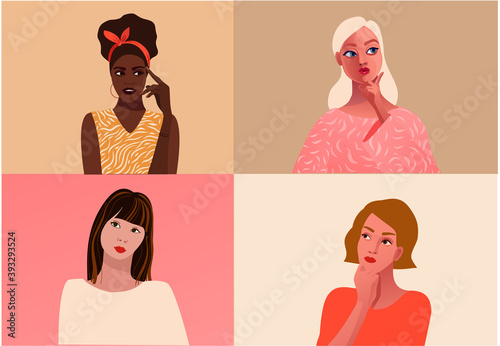 Women questioning. Set of multi-ethnic beauty. Different ethnicity women. African, Asian, European. The struggle for rights, independence, equality. Black woman. Women power. 