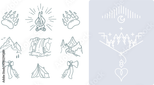 Mountain waterfall and landscape for hiking icons set. Camping logos templates vector design elements and silhouettes set