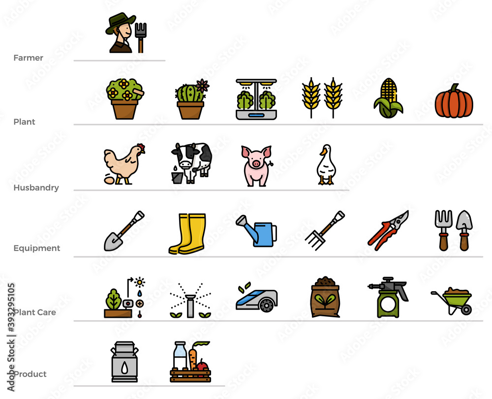 Obraz premium Gardening and farming icon set.