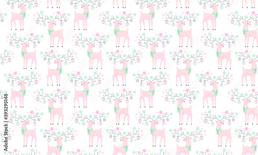 New Year vector illustration. Christmas deer in a seamless hand drawn pattern. Snowflakes and toys decorate the deer's antlers. Digtle drawing New Year vector illustration. Christmas deer in a seamless hand drawn pattern. Snowflakes and toys decorate the deer's antlers. Digtle drawing