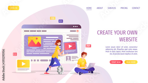 People working on the website development and design. Web agency, website builder, programmer, web designer concept. Vector illustration for banner, presentation, advertising, poster.