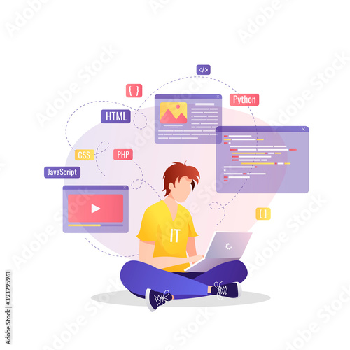 Man working with laptop on the website development. Website developer, Web agency, programmer and coder concept. Vector illustration for banner, presentation, advertising, poster.