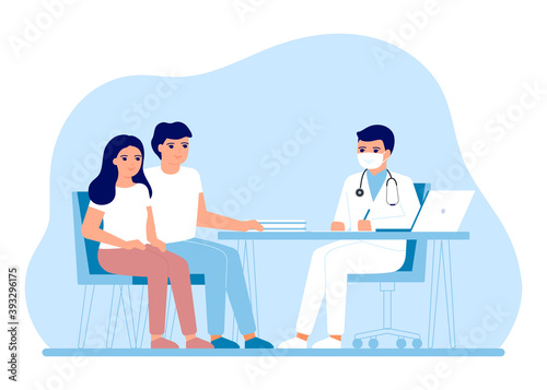 Consultation coeple man and woman in clinic medical office. Medical family advice, doctor supervision. Childlessness, planning pregnancy. Prevention and treatment to maintain health. Vector flat