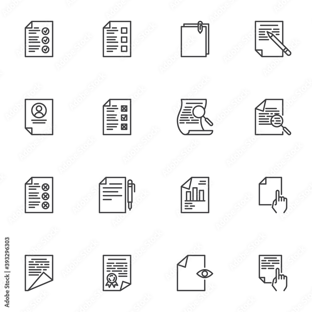 Document list line icons set, outline vector symbol collection, linear style pictogram pack. Signs, logo illustration. Set includes icons checklist with check mark, business graph report, certificate Document list line icons set, outline vector symbol collection, linear style pictogram pack. Signs, logo illustration. Set includes icons checklist with check mark, business graph report, certificate