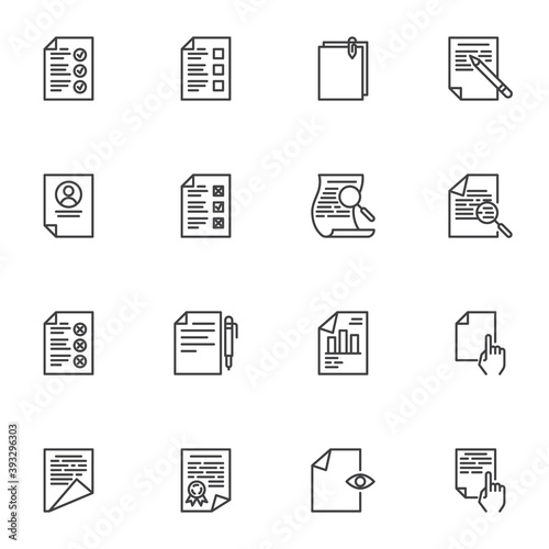 Document list line icons set, outline vector symbol collection, linear style pictogram pack. Signs, logo illustration. Set includes icons checklist with check mark, business graph report, certificate