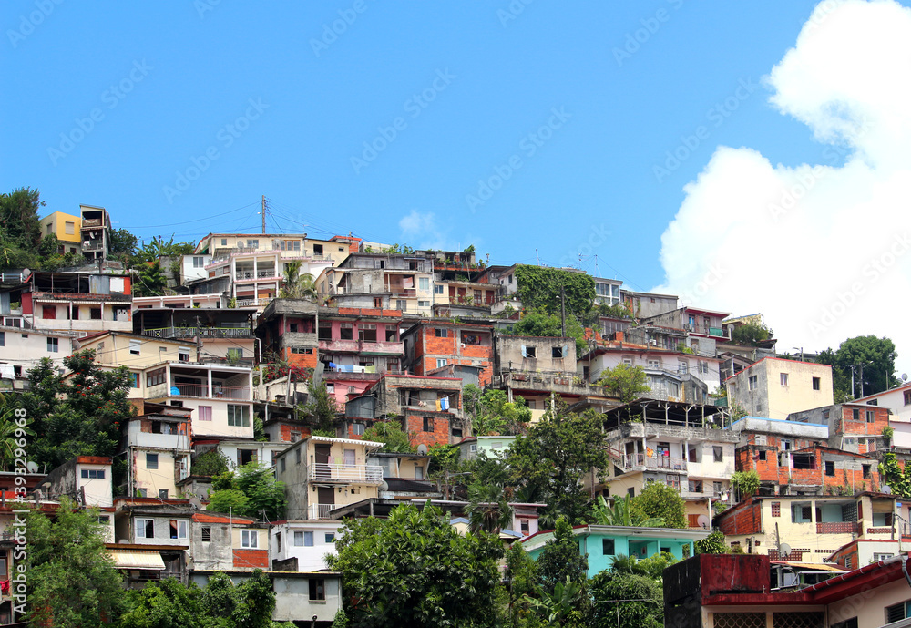 View at residential homes on a slope in the city of Fort-de-France (Martinique, France)