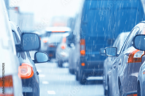 rain road traffic jam / abstract background raindrops in the city on the highway, cars stress autumn © kichigin19