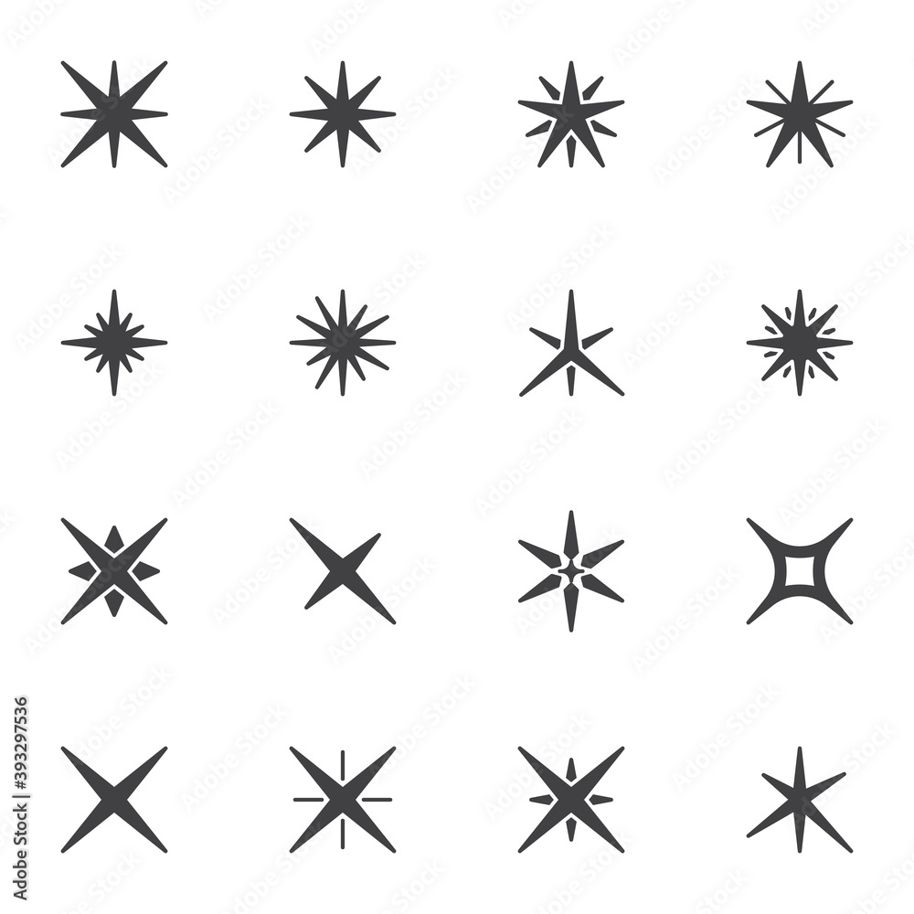 Stars vector icons set, modern solid symbol collection, filled style pictogram pack. Signs, logo illustration. Set includes icons as sparkle star twinkle, christmas decoration, firework, starburst