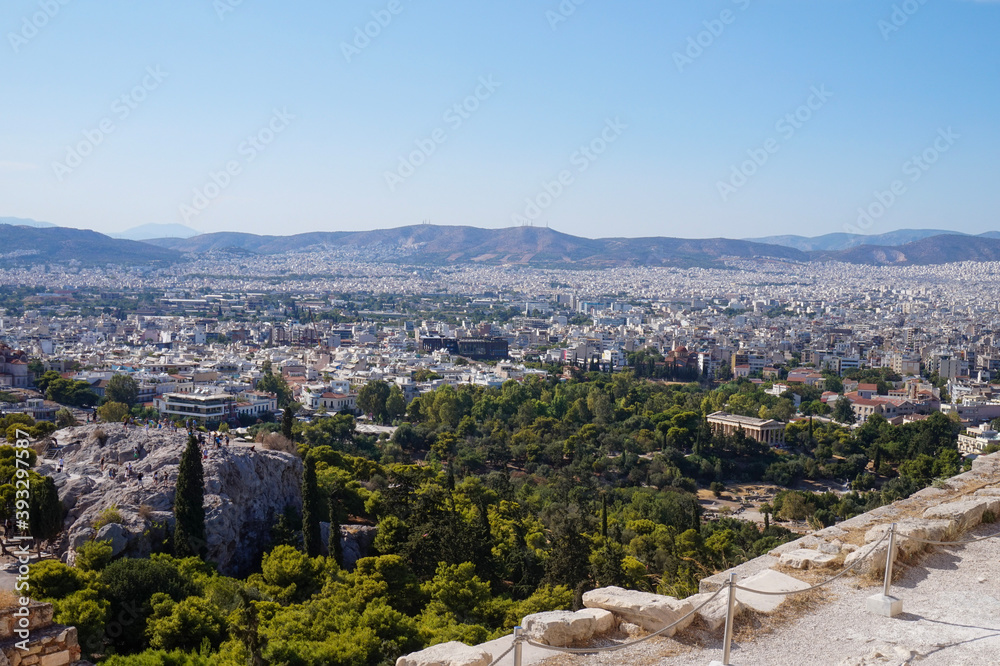 Looking over the city of Athens from the Acropolis, with the Temple of Hephaestus in view
