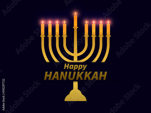 Happy Hanukkah. Menorah with nine candles. Golden gradient. Jewish festival greeting card. Vector illustration