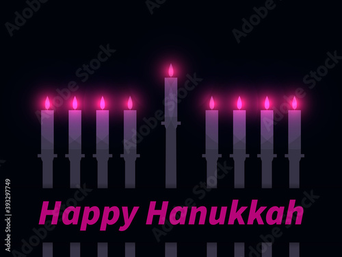 Happy Hanukkah. Nine Hanukkah candles with a bright glow. Jewish festival greeting card. Vector illustration