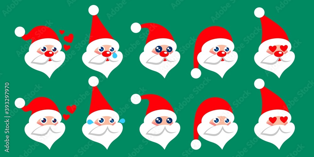 Ten Kawaii Vector Cartoon Flat Santa Claus Emoji Set. Christmas Theme Character Design Elements Isolated.